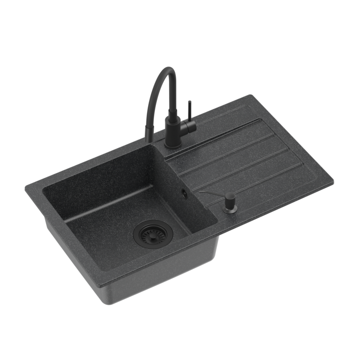 Set chiuveta, 770 mm x 440 mm, robinet, dozator, sifon manual, culoare negru