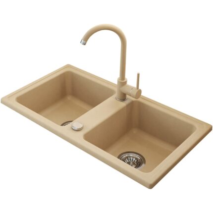 Pachet chiuveta bucatarie granit cu doua cuve si baterie Kring, compozit granit, 780x435mm, adancime 165mm, montare pe blat, bej