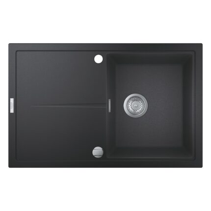 Chiuveta compozit Grohe K400 31639AP0, 780x500 mm, reversibil, montare pe blat, evacuare automata, Kit montaj si evacuare inclus, Negru granit
