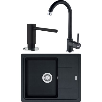 Pachet chiuveta bucatarie Franke BFG 611-62, adancime cuva 200mm, 620x500mm + Baterie Pola 1.0 + Dozator sapun, Negru Grafit