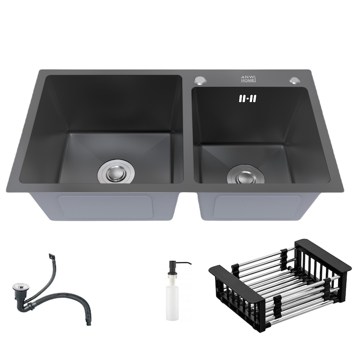 Set chiuveta cu sifon, dozator, cos ANW Home, otel satinat, 78 x 43 cm, Negru