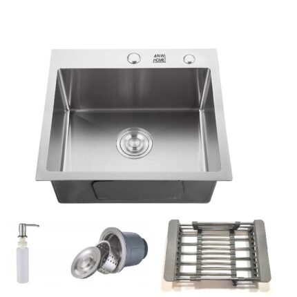 Set chiuveta cu sifon si dispenser, ANW Home, Otel satinat, 50 x 45 x 21.5 cm, Argintiu