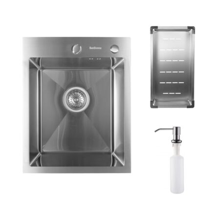 Pachet chiuveta inox SanDonna HD4050 cu scurgator si dozator detergent, handmade, 400x500x230 mm, Crom satin