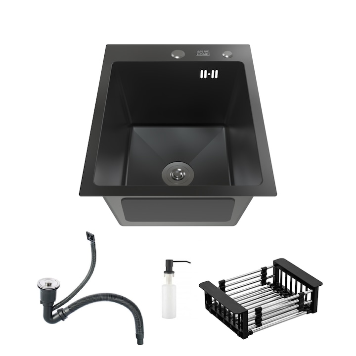 Set chiuveta cu sifon, dozator, cos ANW Home, otel satinat, 40 x 50 x 22cm, Negru