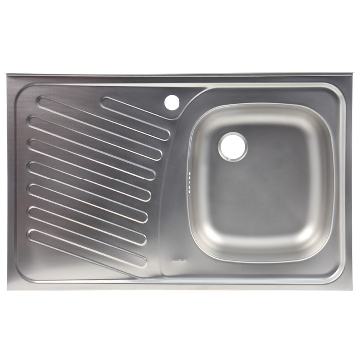 Chiuveta bucatarie Alveus Compact 10 leinen, cuva dreapta, 800x500 mm, adancime 155 mm, montaj pe masca, sifon inclus, Inox