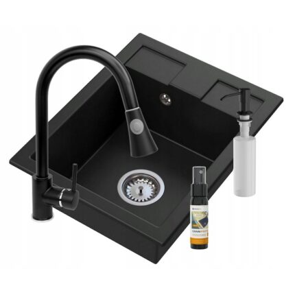 Set chiuveta bucatarie + sifon + dozator, Granitan, Granit, 500 x 400 mm, Negru