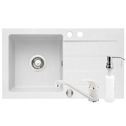 Pachet 3in1 chiuveta bucatarie granit Pyramis Cristal + Baterie + Dozator detergent lichid, 760x440mm, adancime 170mm, montare pe blat, cuva stanga, Alb