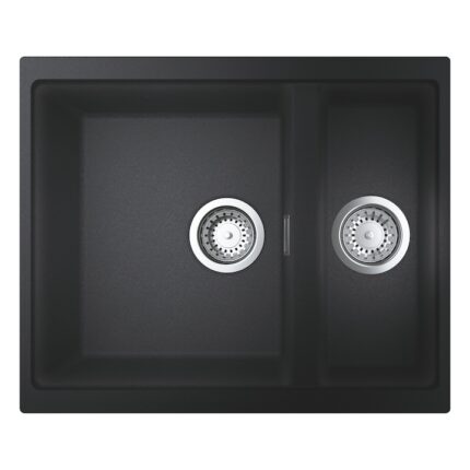 Chiuveta bucatarie compozit Grohe K500 31648AP0, 555x460 mm, reversibil, 2 boluri, montare pe/sub blat, evacuare manuala, Kit montaj si evacuare inclus, Negru granit