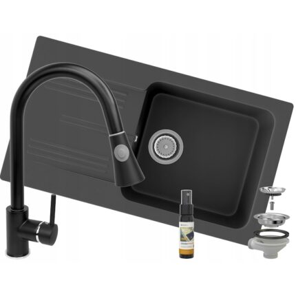 Pachet chiuveta bucatarie Ada + Baterie Beta + Dozator detergent lichid Clasic, Granitan, Compozit granit, 775x435 mm, Adancime 160 mm, Montare pe blat, Stanga, Negru cu pete albe