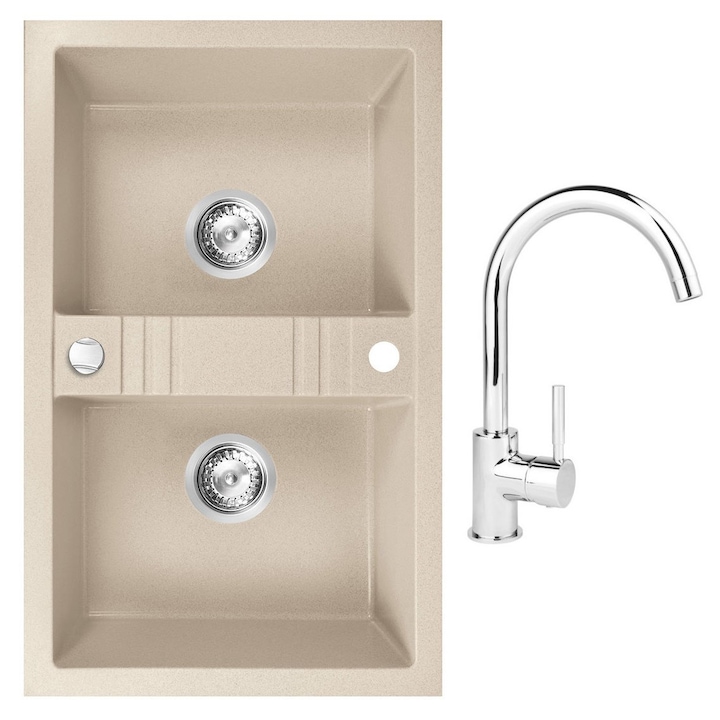 Set chiuveta Ferro granit 78x48 nisip, 2 cuve cu baterie Ferro lebada crom