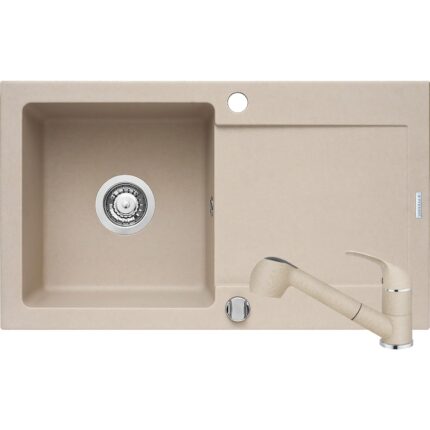 Pachet chiuveta bucatarie granit + baterie cu dus Pyramis Mido, 760 x 440mm, adancime 170mm, Bej