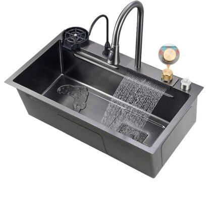 Chiuveta bucatarie multifunctionala din otel inoxidabil, dus extractabil cu 3 functii, cascada tip fanta, accesorii incluse