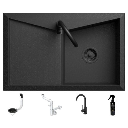 Set 3 piese, chiuveta granit negru cu sclipici Lavello Diamond 1.0, uscator stanga, baterie neagra, sifon negru si solutie de impregnat, 77,5 x49,5cm