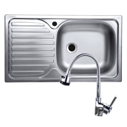 Set chiuveta inox anticalcar de blat + baterie pipa flexibila, 43.5x76 cm, cuva dreapta