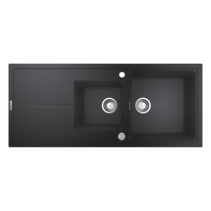 Chiuveta bucatarie compozit Grohe K400 31643AP0, 1160x500 mm, reversibil, 2 boluri, montare pe blat, evacuare automata, Kit montaj si evacuare inclus, Negru granit