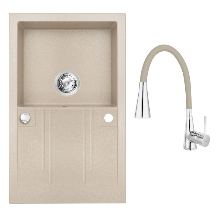 Set chiuveta Ferro granit 78x48, nisip ,cu baterie flexibila Ferro 2 functii bej