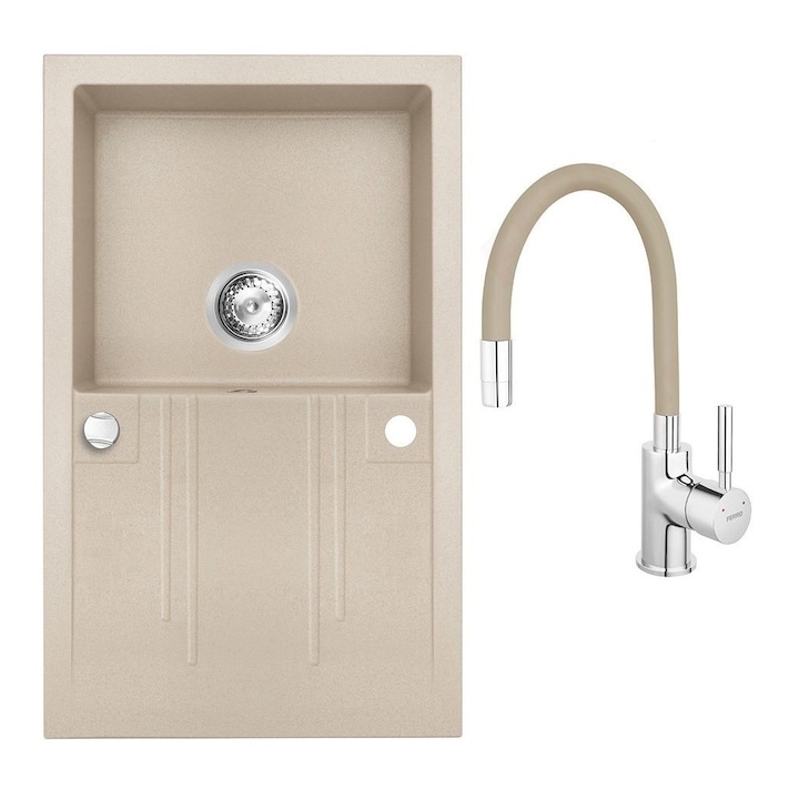 Set chiuveta Ferro granit 78x48, nisip ,cu baterie flexibila Ferro bej