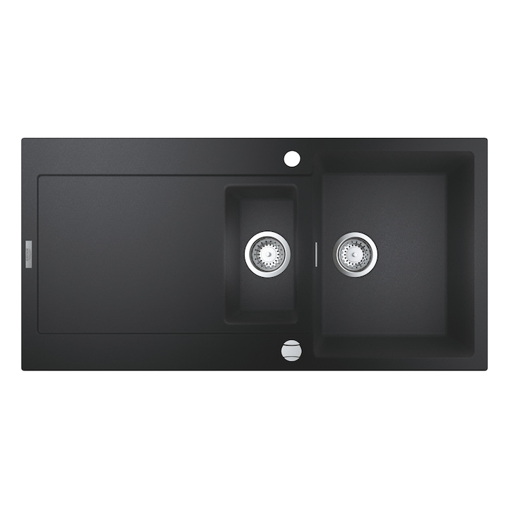 Chiuveta bucatarie compozit Grohe K500 31646AP0, 1000x500 mm, reversibil, 2 boluri, montare pe blat, evacuare automata, Kit montaj si evacuare inclus, Negru granit