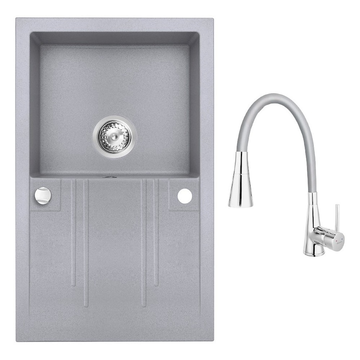 Set chiuveta Ferro granit gri o cuva 78x48, cu baterie Ferro flexibila 2 functii gri