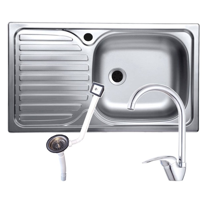 Set chiuveta inox anticalcar de blat + baterie inalta + sifon cu preaplin, 43.5x76 cm, cuva dreapta