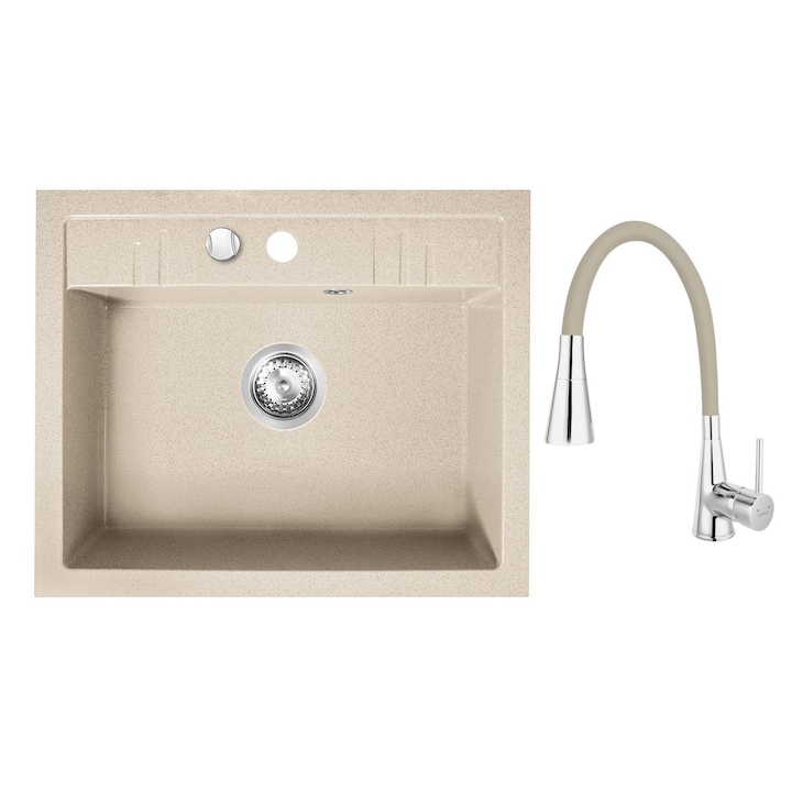 Set chiuveta Ferro granit o cuva nisip 58x48 cm cu baterie Ferro flexibila cu 2 functii bej