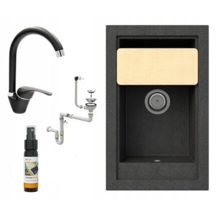 Set chiuveta de bucatarie Panama + Baterie de bucatarie Rio cu gura rotunda + Tocator din lemn + Sifon manual, Granit, 686 x 427mm, Adancime cuva 175mm, Multicolor
