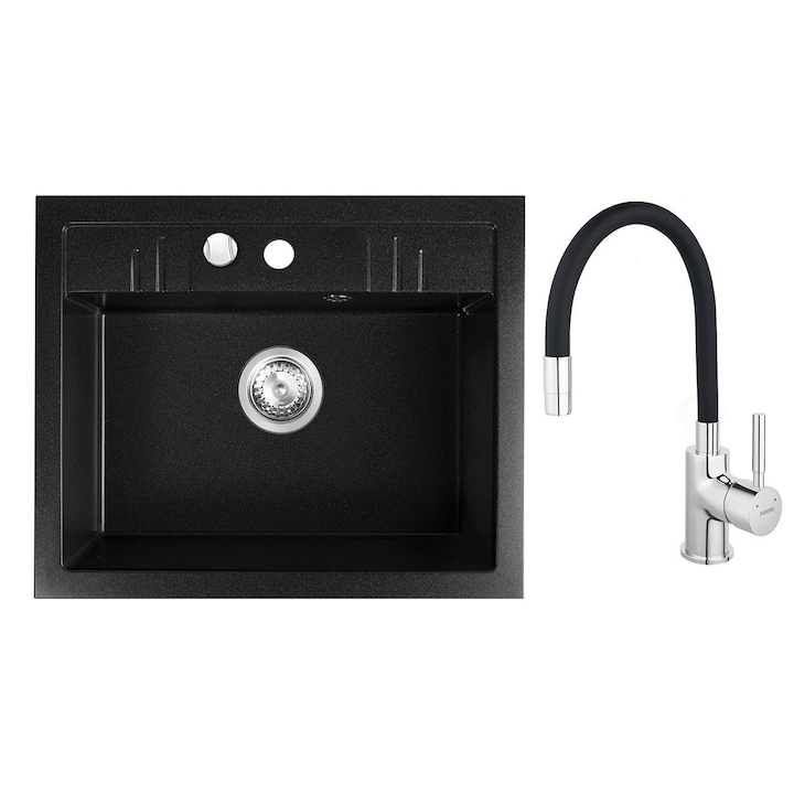 Set chiuveta granit Ferro , 1 cuva grafit, 58x48, cu baterie flexibila Ferro neagra