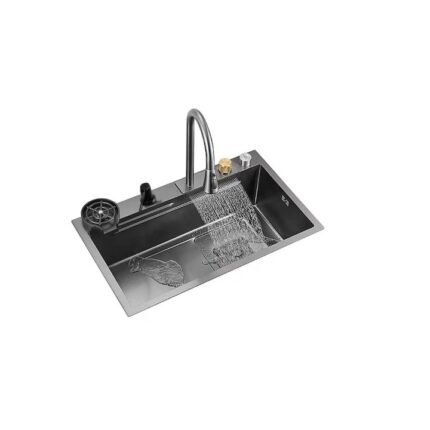 Set chiuveta multifunctionala din otel inoxidabil, Picatini, cu tocator, cuva spalare legume, dozator sapun, spalator pahare, consola tip cascada, Gri antracit, 750x460mm