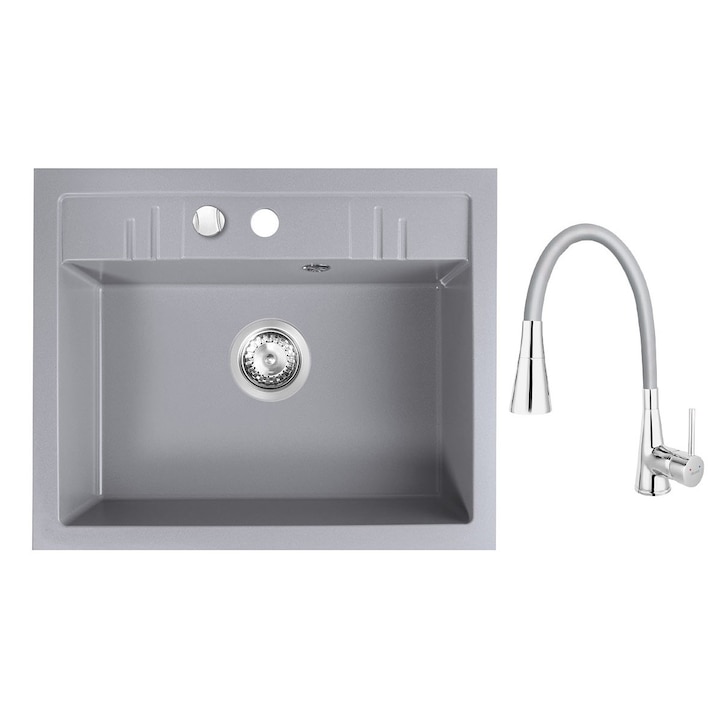Set chiuveta Ferro granit o cuva gri 58x48 cm cu baterie Ferro flexibila cu 2 functii gri