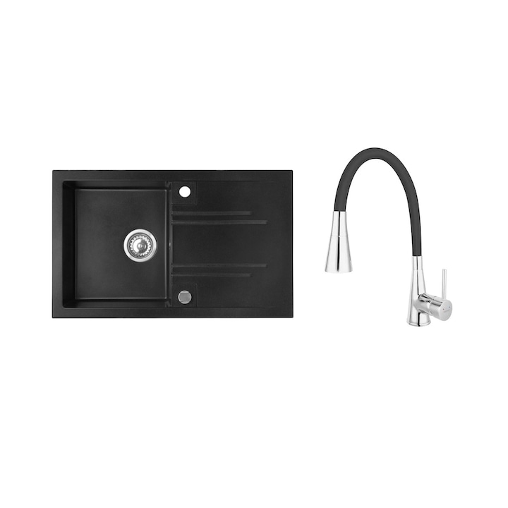 Set chiuveta Ferro Granit Mezzo II,cu o cuva si picurator nisip-grafit 780x480 mm+ baterie cu pipa flexibila 2 functii Ferro negru