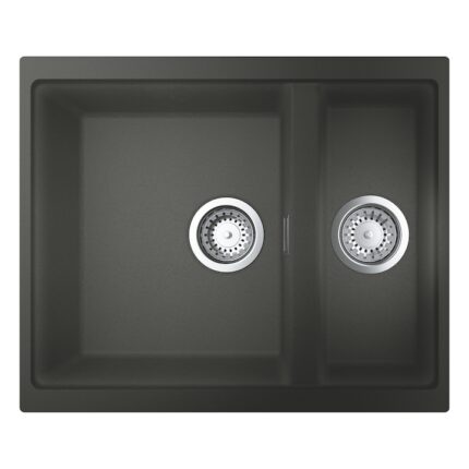 Chiuveta compozit Grohe K500 31648AT0, 555x460 mm, reversibil, 2 boluri, montare pe/sub blat, evacuare manuala, Kit montaj si evacuare inclus, Antracit granit