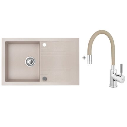 Pachet Ferro:Chiuveta Granit bej nisip 780x480 mm+baterie cu pipa flexibila bej/sifon pop-up inclus