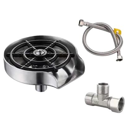 Dispozitiv pentru spalare pahare, Jet cu presiune, 7 Duze, Compatibil cu orice tip de pahar, racord flexibil si teu inclus, otel inoxidabil, Argintiu