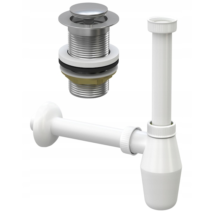 Dop click-clack + sifon pentru chiuveta, GRANITAN, Argintiu/Alb