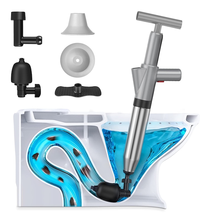 Piston pentru toaleta, kit de aerisire de inalta presiune, pentru scurgere in podea, dus, chiuveta, cada infundata, WALALLA, otel inoxidabil, gri