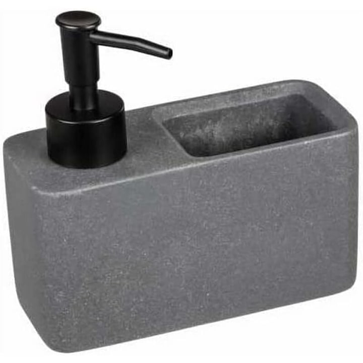 Dispenser detergent de vase, QttvbTna, Compartiment pentru burete, 14.5 x 14.3 x 6 cm, Gri inchis