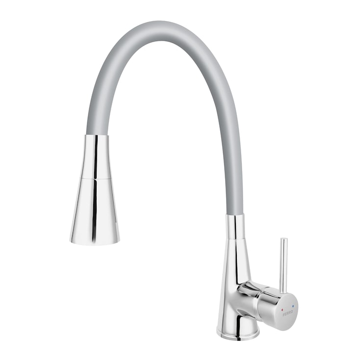Baterie bucatarie Ferro Zumba II, 2 functii: jet si dus, pipa flexibila, silver