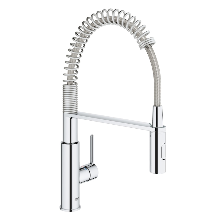 Baterie bucatarie cu dus extractibil Grohe Get, cartus ceramic, monocomanda, 1/2'', dus profesional, 2 functii spray, pivotant, crom
