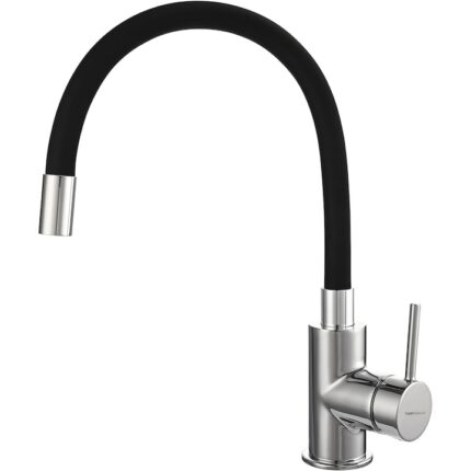 Baterie Chiuveta Bucatarie Topaqua® Flexy+, Inox, Pipa Inalta, Cartus Ceramic, Monocomanda, Racorduri Incluse, Acoperita Silicon, Rotativa, Negru