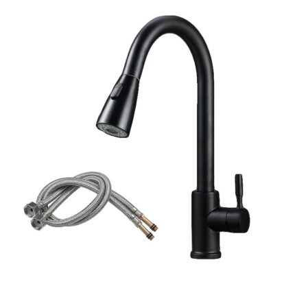 Baterie de bucatarie, WALALLA, Inox, Dus extensibil, Rotire 360, Negru