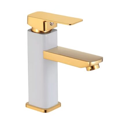 Baterie chiuveta baie Brius™, 17.5 cm, monocomanda, design modern si minimalist, cartus ceramic, rezistenta la rugina si coroziune, puternic si durabil, usor de instalat, otel inoxidabil, Alba/Auriu