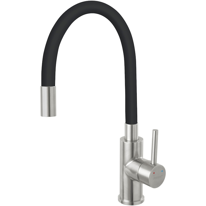 Baterie bucatarie Ferro Zumba BZA4BSS, pipa flexibila, cartus ceramic, corp inox, pipa neagra