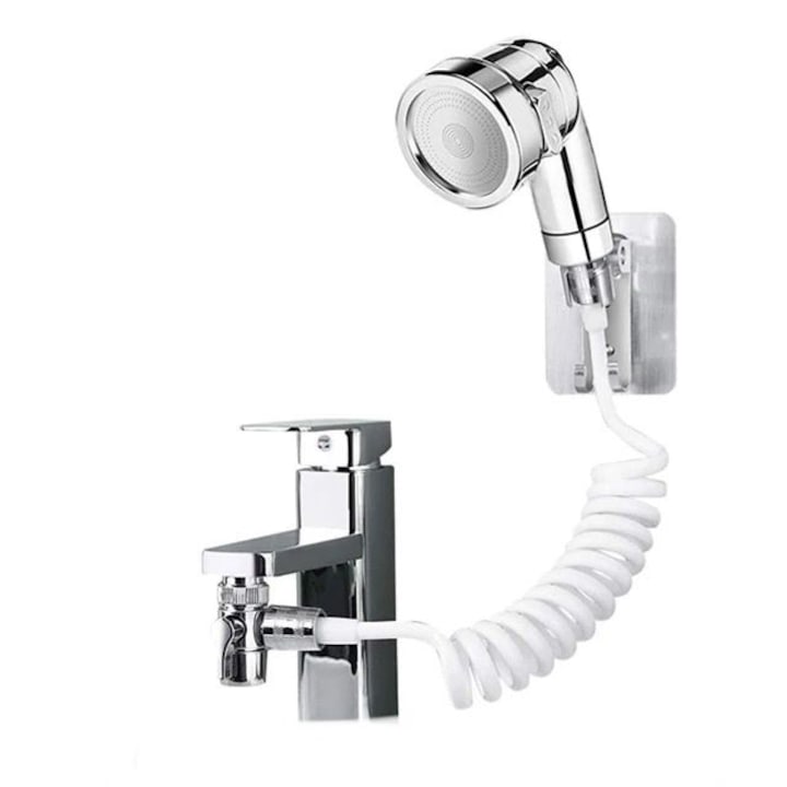 Set de dus cu para, furtun flexibil si suport de perete, pentru robinet de chiuveta sau cada, culoare argintiu