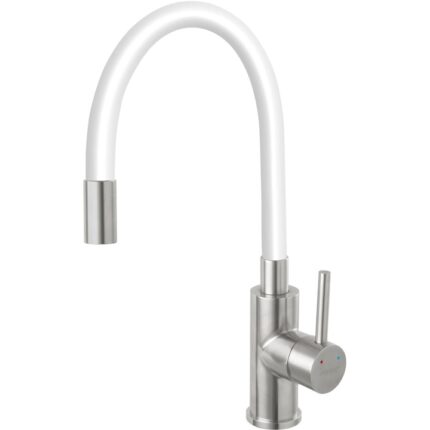 Baterie bucatarie Ferro Zumba BZA4WSS, pipa flexibila, cartus ceramic, corp inox, pipa alba