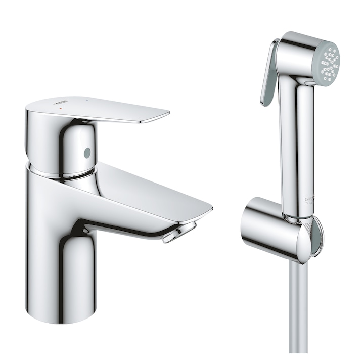 Set baterie lavoar Grohe BauEdge 23757001, 3/8'', marime S, H 15.3 cm, dus igienic, cartus ceramic, fara evacuare, crom