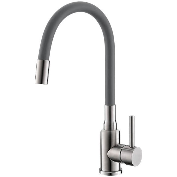 Baterie bucatarie Alveus Flexa, pipa flexibila, cartus ceramic, Gri Satin