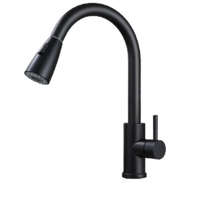 Baterie de chiuveta pentru bucatarie neagra, de 40 cm, cu dus extractibil GC022, din otel inoxidabil alimentar 304, cu cartus ceramic si design modern