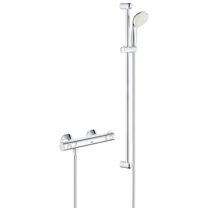 Set baterie dus cu termostat Grohe Grohtherm 800, TurboStat, Safestop, Ecobutton, para dus inclusa, bara dus 900 mm, crom