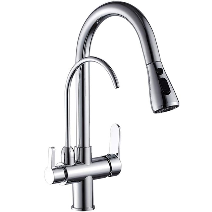 Baterie bucatarie cu 3 cai, iesire pentru filtru de apa purificata, racorduri incluse, din alama, crom