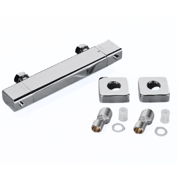 Set Baterie Termostatica pentru Dus, Calitate Superioara, 26x3.1x4.6 cm, Temperatura apei Reglabila, Functie Eco-Stop, Reduce Consumul de apa cu pana la 50%, Conexiune Standard 19mm, Debit 3 bari, 12l/min, Culoare Argintiu